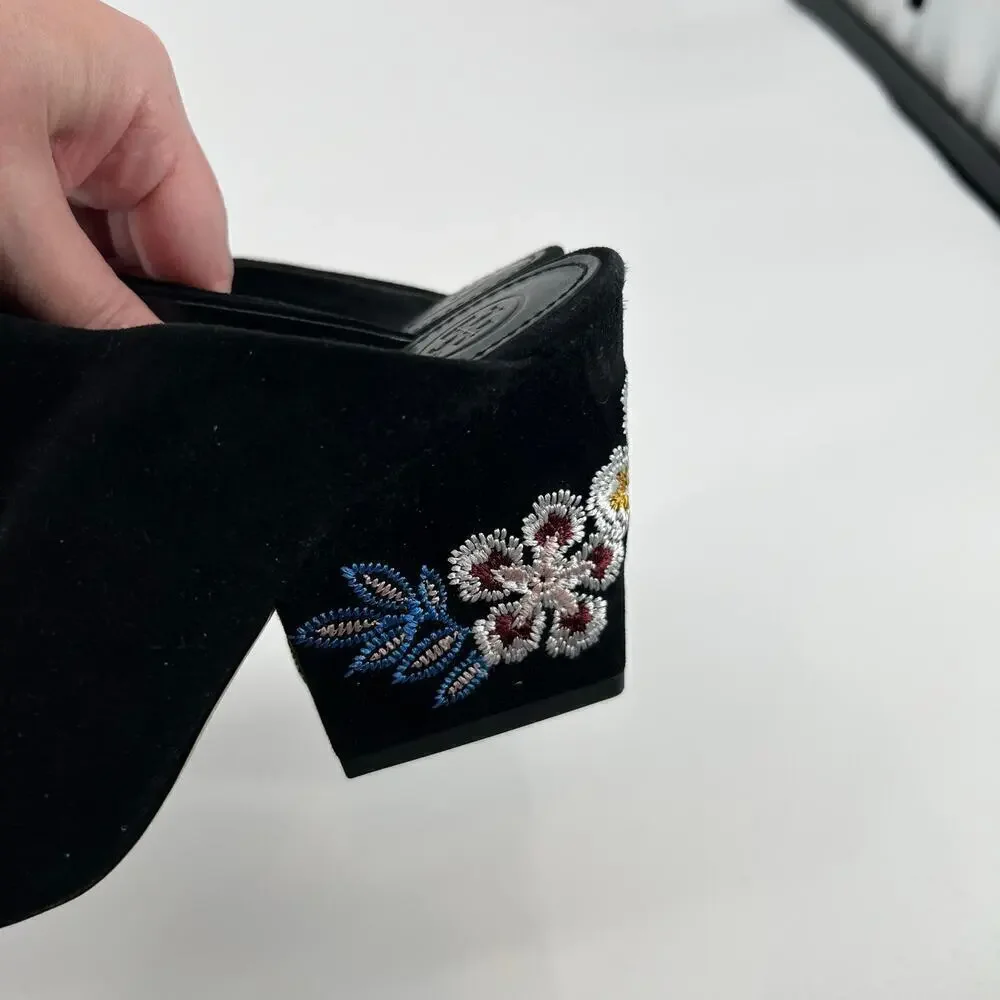 Tory Burch Floral Embroidered Block Heel Slide Sandals Black open toe size 6.5
